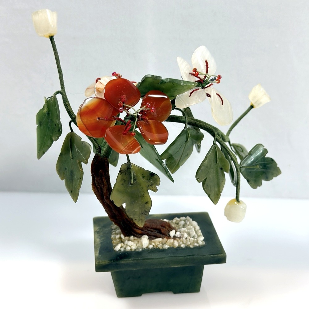 Vintage Chinese Jade Hardstone Bonsai Tree Agate Flowers Miniature 5"
